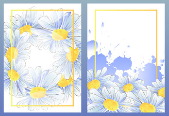 Light blue wildflowers. Chamomile. Floral pastel watercolor style. Spring bouquet. Perfect for postcards, wedding invitations, event banners. EPS10