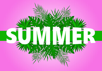 Summer banner with palm leaves and text.