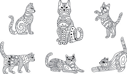 Cat made a floral pattern with Oriental ornaments. Hand drawn decorative animal in Doodle style. Stylized decoration of mehndi for tattoos, stamps, covers, books and coloring.

