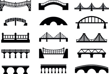 Set of different bridges. Isolated on white background. Black and white. Vector illustration.
