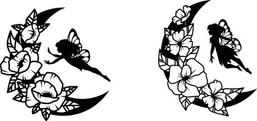 Set of ethnic crescent moon with fantastic creatures. Collection of moon with mandala. Design for drawing with henna. Vector illustration of a cosmic body with fairy-tale characters.
