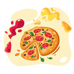 Pizza with tomatoes, onion, olives, basil, cheese, ketchup and mustard. Vector illustration
