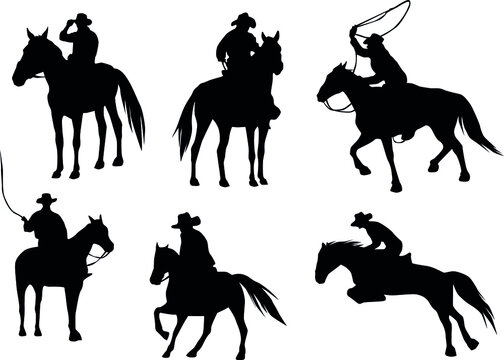 Set of cowboys .Collection of silhouettes of a man on a horse with lasso. Set of themed clothes and accessories for a wild western.Vector illustration on a white background.
