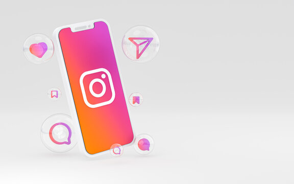 Instagram icon on screen smartphone or mobile and instagram reactions love 3d render