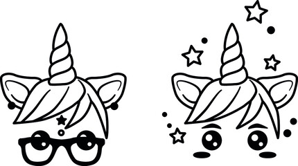 Black silhouette of unicorn on white background. Vector illustration. Black shape of unicorn's head. Graphic badge, banner, icon, print or logo.
