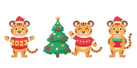 Set of cute tigers with Christmas tree, presents. Year of the Tiger. Merry Christmas and Happy New Year 2022. Vector illustration