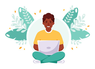 Black man working on laptop. Freelance, remote work concept. Vector illustration