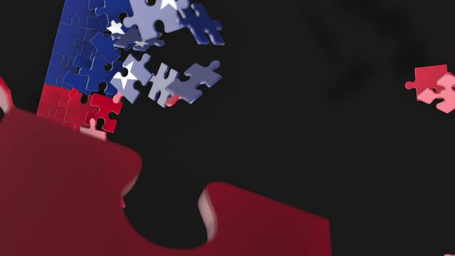 Animation of jigsaw puzzle assemble. Problem solving and completing concept. Samoa national flag integration. Symbol of association and connection. Isolated on dark background.