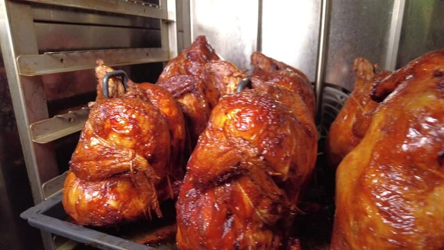 Roasted chickens in a convection oven