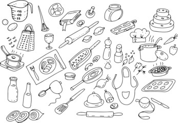 Cooking kitchen cooking courses hobby hobby cooking at home doodles sketch vector hand drawn illustration. Print textile large set clipart. isolated elements on white background