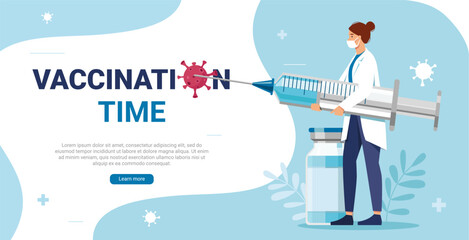 Vaccination concept.
Female doctor holding coronavirus vaccine syringe.Immunization campaign.Antiviral medical treatment.Time to vaccinate from covid-19 virus vector banner.Immunity health.Healthcare
