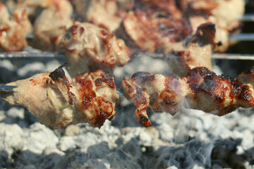 Meat is cooked, pork, on the fire, on the grill