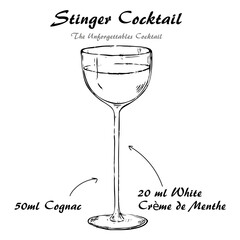 Cocktail Stinger recipe vector, low-alcohol drink sketch