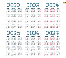 Portuguese calendar 2022 - 2027 on white background, week starts on Sunday