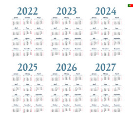 Portuguese calendar 2022 - 2027 on white background, week starts on Sunday