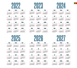 Portuguese calendar 2022 - 2027 on white background, week starts on Sunday