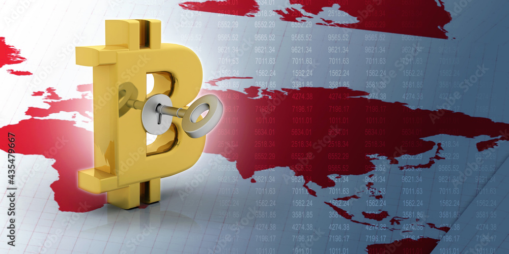 Poster 3d rendering bitcoin sign currency with key
