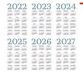 Portuguese calendar 2022 - 2027 on white background, week starts on Sunday
