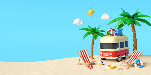 Summer vacation concept, Travel to the beach by van carrying travel accessories under palm tree with beach chair, 3d illustration