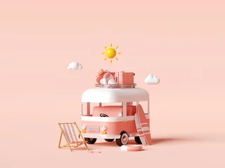 Tuinposter Summer vacation concept, Travel to the beach by van carrying travel accessories on pink background, 3d illustration © NuTz
