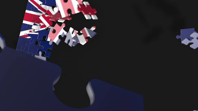 Animation of jigsaw puzzle assemble. Problem solving and completing concept. Saint Helena Ascension and Tristan da Cunha national flag integration. Symbol of association and connection. 