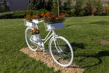 Altes weisses fahrrad als blumenständer