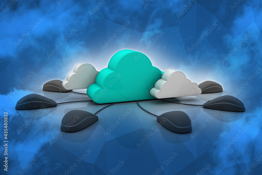 Poster 3d rendering blue cloud connected computer mouse