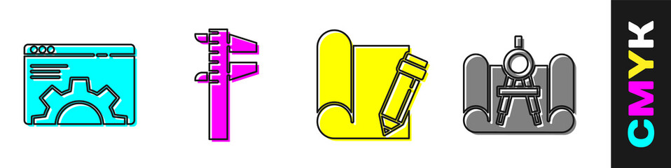 Set Browser setting, Calliper or caliper and scale, Graphing paper and pencil and Graphing paper and compass icon. Vector