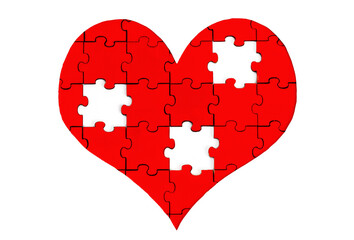 Obraz na płótnie Canvas Heart shaped jigsaw puzzle with three missing pieces isolated on white