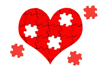 Heart shaped jigsaw puzzle with three final pieces isolated on white