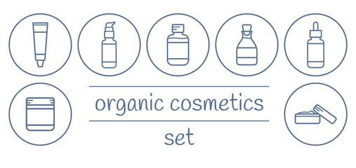 Organic cosmetics icons set. Cream, serum, ubtan, lotion, tonic, gel. Linear flat vector illustration