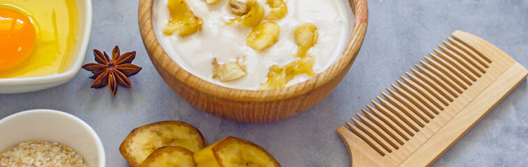 Homemade skincare face banana mask banner. Homemade natural wellness cosmetics with banana pulp, yolk, honey, oatmeal, copy space, flat lay