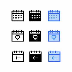 schedule icon with three style time and date sign symbols and event reminder, Calendar icons set