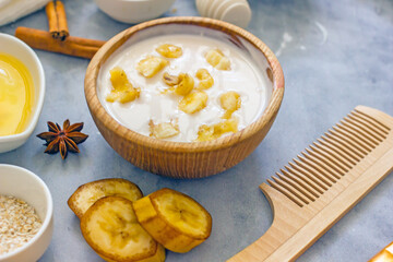 Natural homemade hair mask with banana, close-up