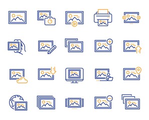 Photo line icons. Print image, Photo camera, Upload picture icons. Edit image, Play presentation and photo printer. Download picture, Gallery carousel, placeholder pic. View portfolio. Vector