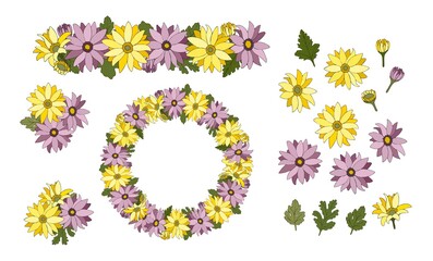Set with bright stylized flowers and leaves of Chrysanthemum. Floral wreath and brush pattern. Illustration for romantic and summer design.