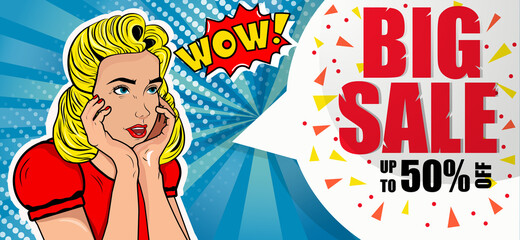 Sale up to 50% off. Discounts. Girl in retro style. Red dress. Pop Art. Blonde. Beautiful banner.Vector. Invitation. Shopping center. Blue background