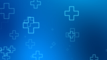 Medical health blue cross neon light shapes pattern background. Abstract healthcare technology and science concept.