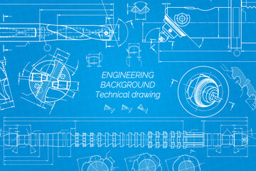 Mechanical engineering drawings on blue background. Drill tools, borer. Boring bar with micrometric adjustment. Broach. Technical Design. Cover. Blueprint. Vector illustration.