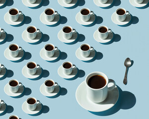 Rhythmic pattern from cups with coffee on a blue background.