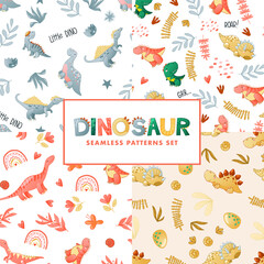 Seamless cute dinosaur pattern. Colorful dino background for kids. Childish vector design for textile and packaging, nursery wallpaper