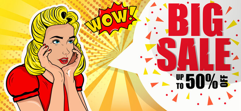 The final sale of the season. Discounts up to 50% percent. Advertising banner in pop art style. Girl blonde surprised. Vector. Illustration.