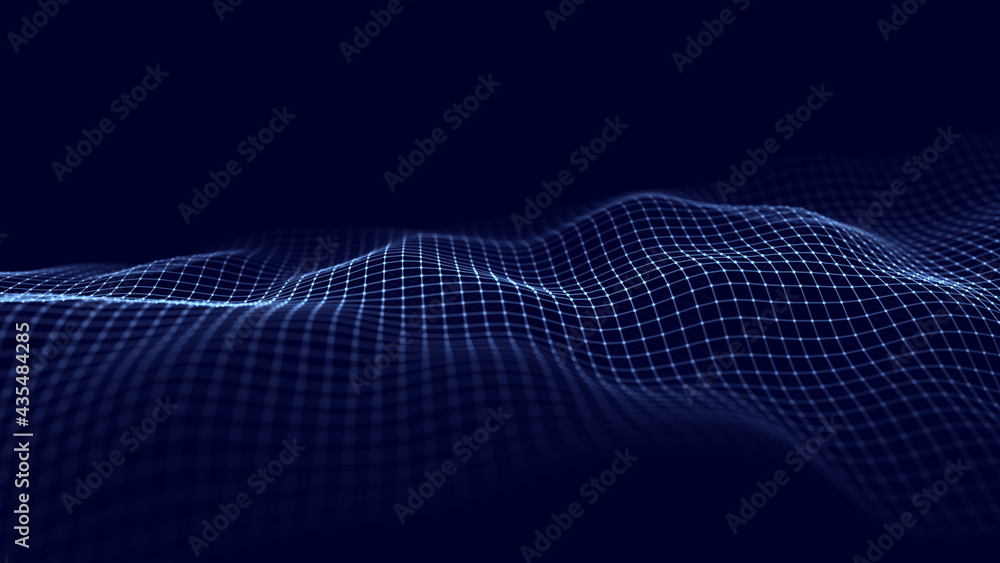 Poster abstract wave with moving dots and lines. flow of particles. cyber technology illustration. 3d rende