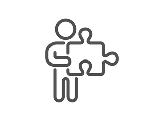 Man with Puzzle line icon. Jigsaw piece sign. Business challenge symbol. Quality design element. Linear style puzzle icon. Editable stroke. Vector