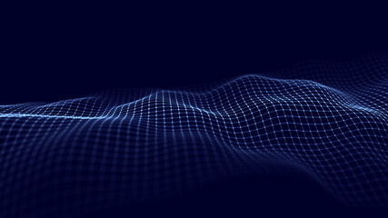 Abstract wave with moving dots and lines. Flow of particles. Cyber technology illustration. 3d rendering