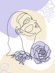 Women s faces in one line art style with flowers and leaves. Vector Illustration For Posters, t-shirts prints, avatars