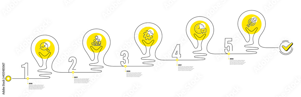 Poster continuous line timeline with lamp light bulbs icons. 5 steps idea journey path of business project 