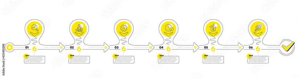 Poster timeline with lamp light bulbs and icons. 6 steps idea journey path chart of business project proces