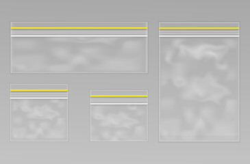 Set of empty transparent plastic zipper bags.Realistic pillow package for food. White blank slim and fat pouch. Nylon zip bag. Stock vector illustration on transparent isolated background.