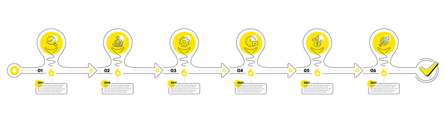 Timeline with lamp light bulbs and icons. 6 steps idea journey path chart of business project process. Infographic path timeline. Business journey goal. Light bulbs workflow progress chart. Vector